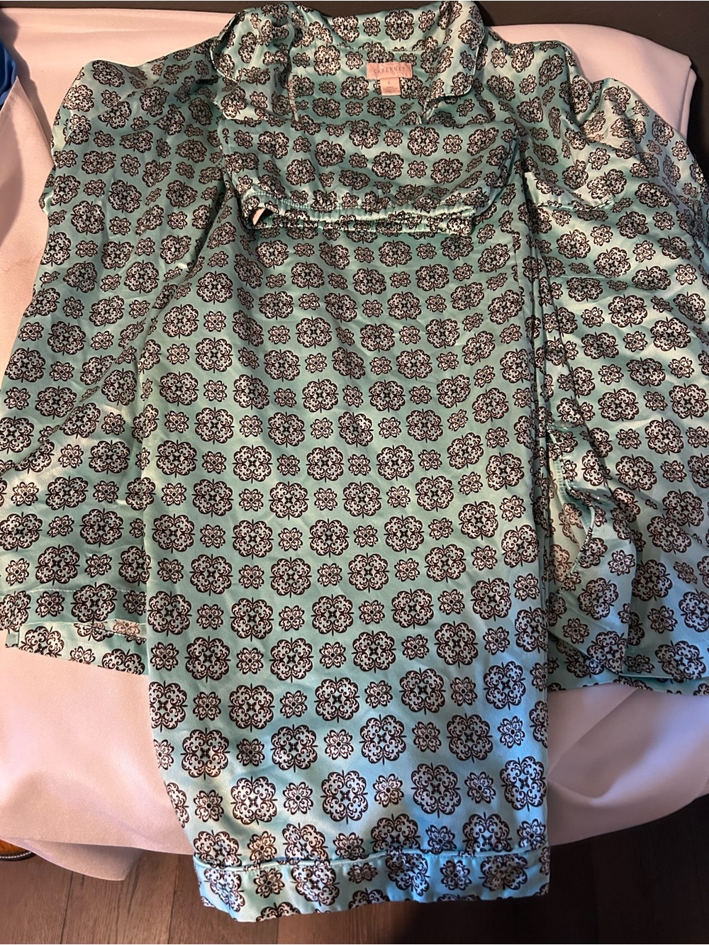 Cabernet Turquoise and Brown Floral-Print Satin Pajama Set